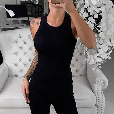european and american export women's elegant slim-fit solid color summer lightweight round neck sleeveless tank top