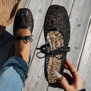 European and american cross-border french bow mary janes - women's new spring collection - breathable mesh square toe flats with floral accents