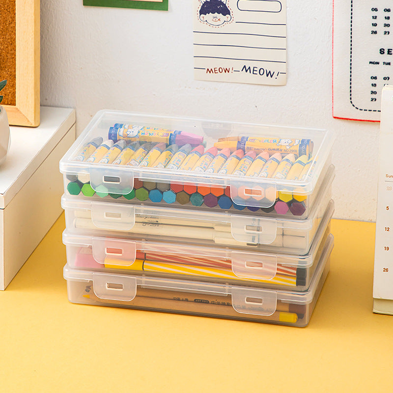 Plastic desktop drawer stationery storage box with lid pencil case can be stacked transparent document book marker storage box