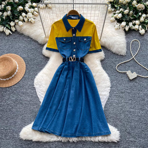 Vintage patchwork denim dress - women's summer high-waisted, slimming a-line skirt - commute style - new collection