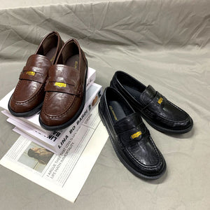 Genuine leather gold coin lazy loafers women's retroelegantwork clothingfall and winternew arrival british square heel small leather shoes thick heel