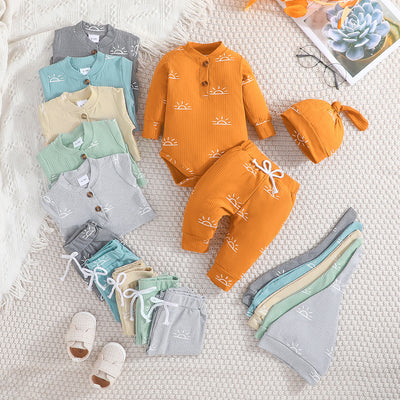 new autumn infant romper three-piece set, korean style baby solid color ribbed bodysuit outfit, cross-border e-commerce
