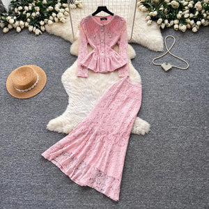 French chic v-neck lace long sleeve top and midi skirt two-piece set - women's autumn slim-fit high-end elegant outfit