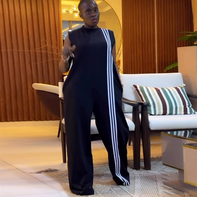 European and American  women's clothing 2025 summer new fashion casual semi-turtleneck short-sleeved loose wide-leg trousers jumpsuit