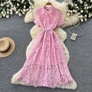 French chic pink lace dress - women's short sleeve notch collar a-line dress - slimming, figure-flattering, and elegant - high-end style