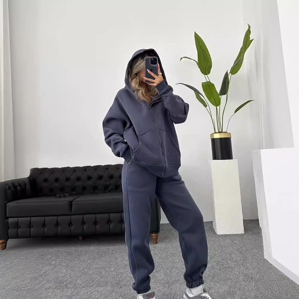 European and American independent station  autumn and winter  women's clothing fashion long-sleeved hooded sports cardigan casual trousers set