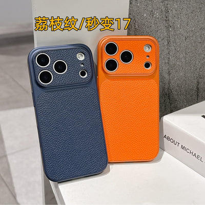 Simple solid color leather texture instantly transforms to 17, compatible with apple 17 pro max lychee grain phone case iphone 16 protective cover