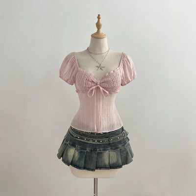 A2 pre-sale-95286# cross-border pure desire bow tie bubble sleeve waist women's shirt short sleeve