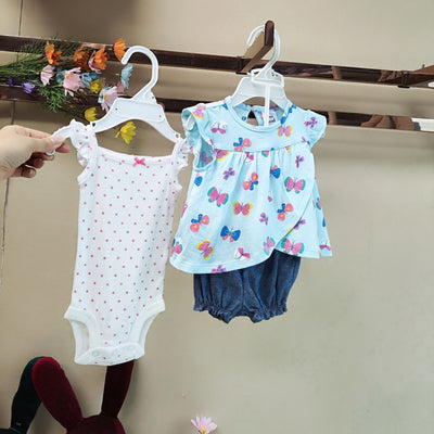 Export original order summer baby pure cotton short-sleeved t-shirt suspender khaki bag butt shorts three-piece suit girl's clothing
