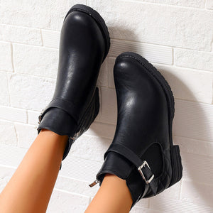 Women's ankle boots - spring, autumn, and winter collection - comfortable chunky heel, low heel, versatile belt buckle, plaid design, ladies' leather boots