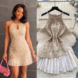 French chic halter lace cutout dress - summer sleeveless a-line gown for women, elegant and sophisticated