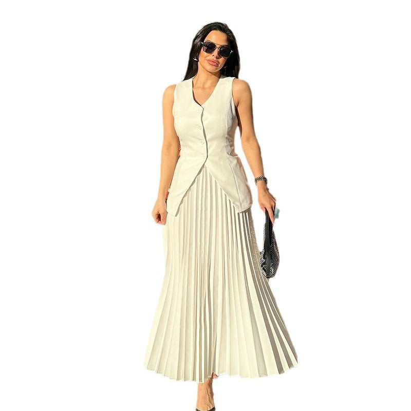 Spot European and American suits women's summer sleeveless vest split-ended solid color large pendulum pleated skirt women's two-piece set summer