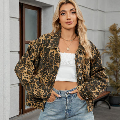 European and american cross-border e-commerce autumn new arrivals: independent store wild and versatile leopard print denim jacket