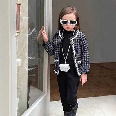 Girls' spring/autumn fashionable sweet retro plaid patchwork color block ribbon pearl button decorative cardigan jacket
