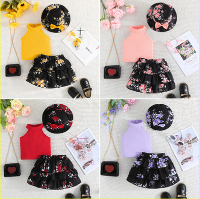 new european and american style solid color sleeveless top, all-over floral print cake skirt, and hat three-piece set for infants and toddlers