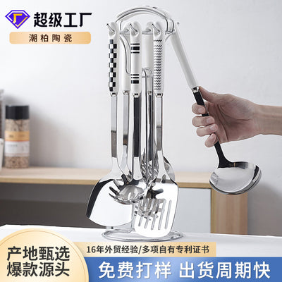 Stainless steel kitchen utensil set - includes spatula, ceramic & stainless steel stir-fry spatula, hot pot ladle, and complete kitchen cooking set