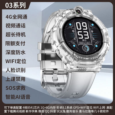 Transparent round children's phone watch, waterproof, large screen, full network, wifi positioning, downloadable, can be disabled, can be paid