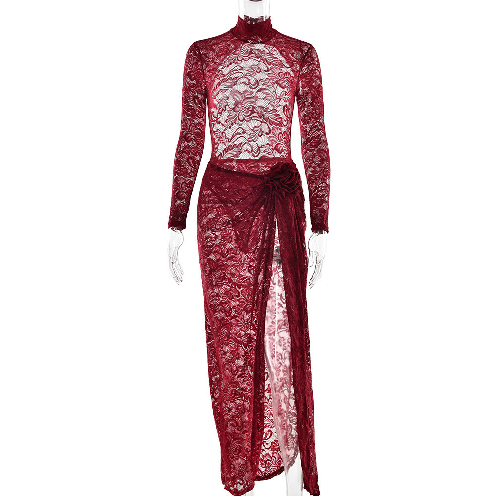 European and American  sexy slim-fit perspective two-piece set, half-turtleneck big halter onesie side split skirt set