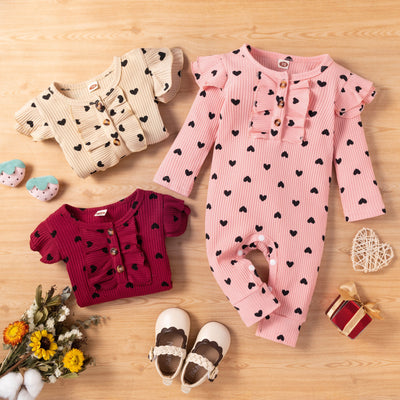 Export children's clothing spring & fallnew arrivalgirl printed heart fungus edge chest buttoned bows long climbing jumpsuit