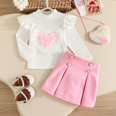 baby girl's heart-shaped outfit set: white long-sleeve top + solid color pleated skirt two-piece set