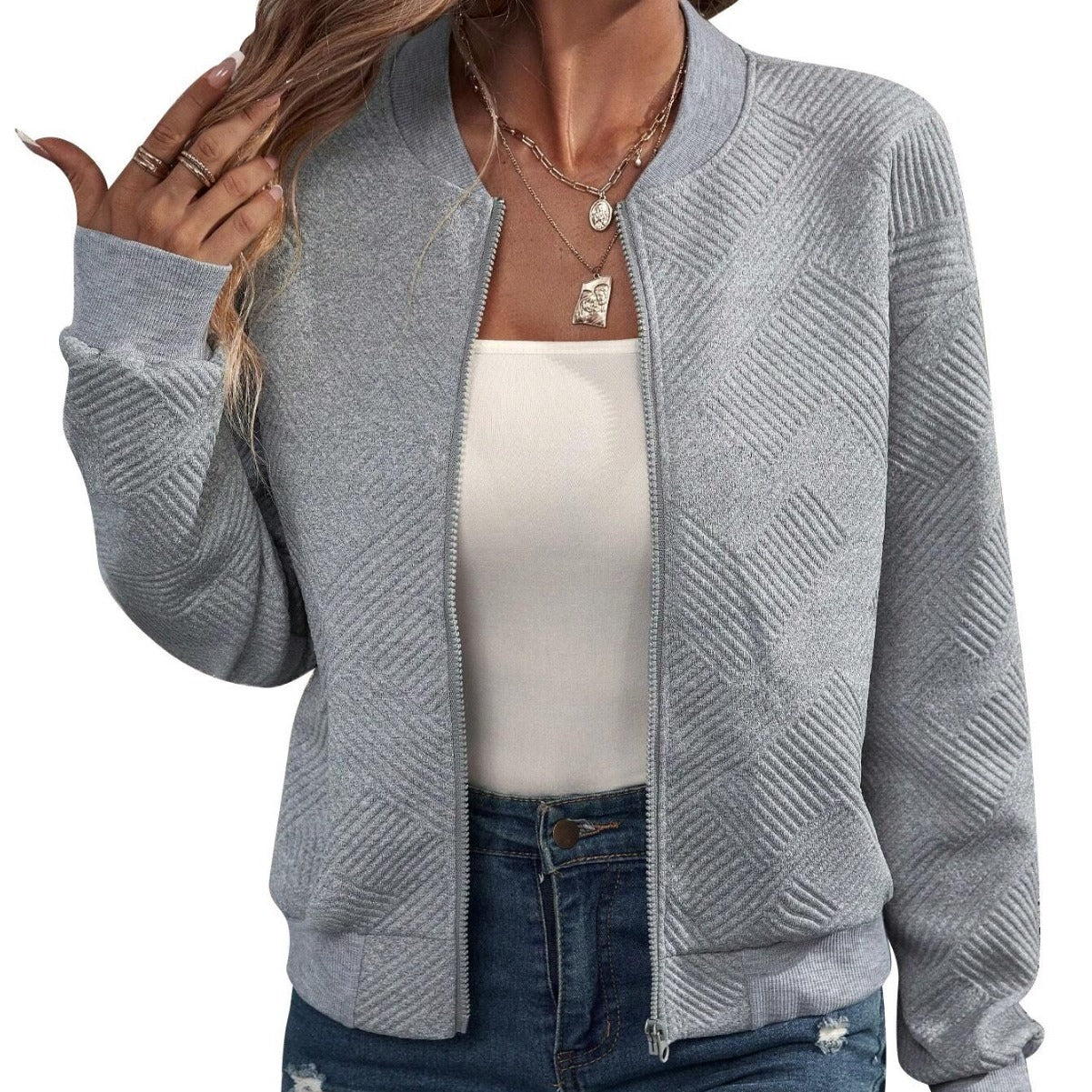 2025  Europe and the United States  autumn and winter new solid color zipper jacket baseball collar casual jacket women