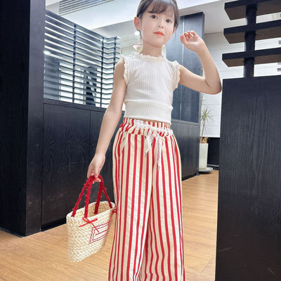 Girls' pants new korean style kids striped lace waistband loose wide leg pants girls summer straight leg trousers