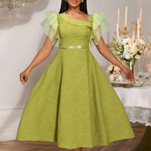 elegance oblique collar mesh flying sleeves mid-length skirt fashion style waist a-line party dressdresses