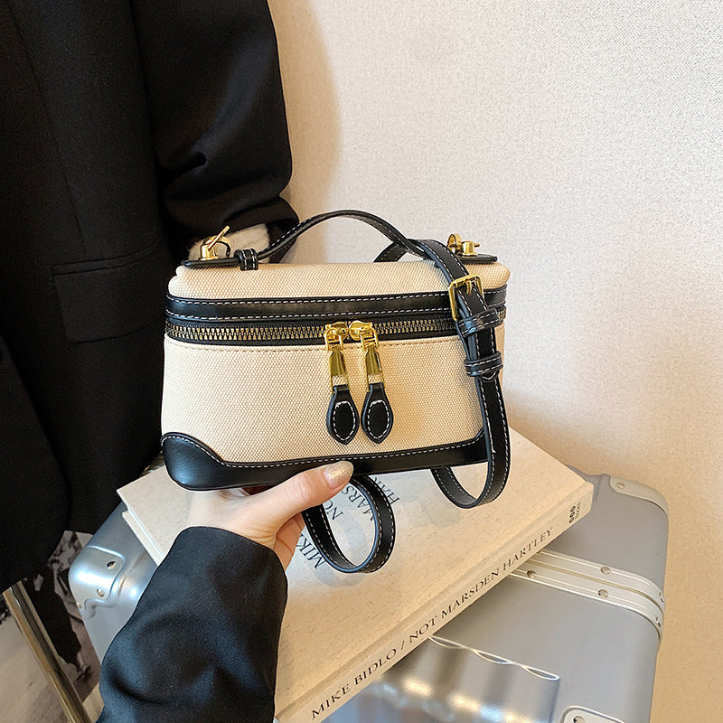 European and American retro fashion portable box small square bag women's 2024  new canvas contrasting color splicing messenger bag