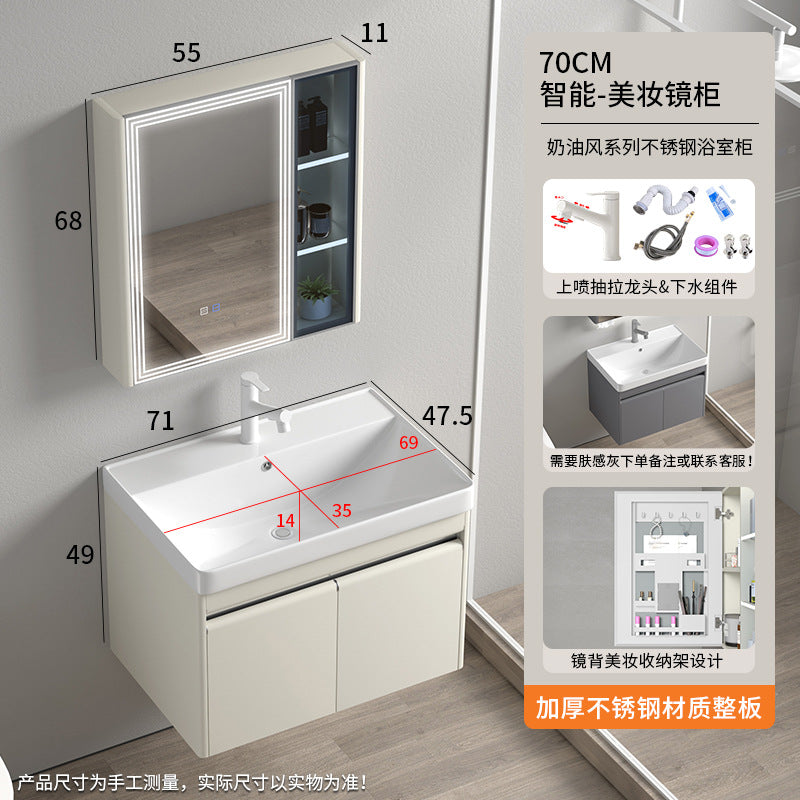 Stainless steel moisture-proof bathroom cabinet, smart mirror cabinet, washstand, ceramic integrated washbasin, deepen seamless washstand