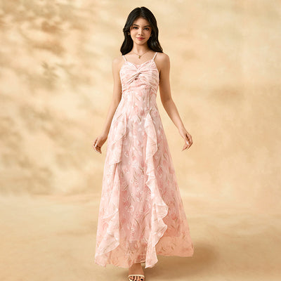Ready-to-ship cross-border youth apparel: floral chiffon camisole dress, slim-fit plus size women's fashion, elegant and stylish dress