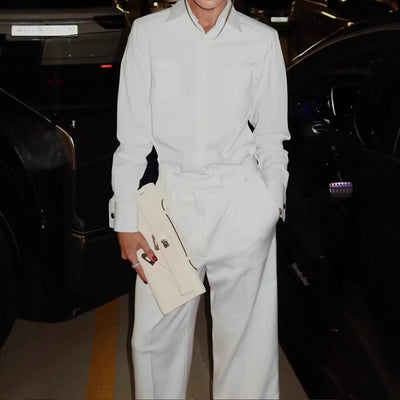 fashionexport women's backless cut outlong sleeves lapel cardigan wide leg casual pantssuit