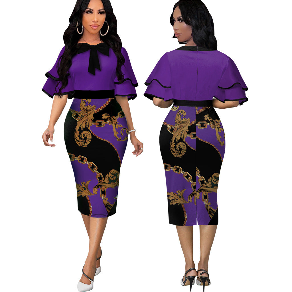 Spring 2022 European and American  new   independent station printed hot diamond round neck dress women