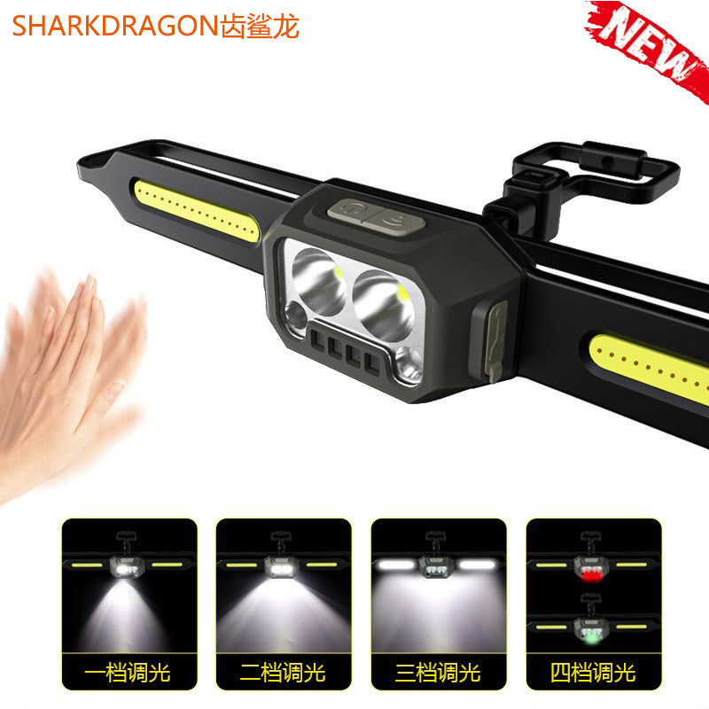 Cross-border new silicone waving sensor headlight USB charging outdoor cycling fishing headlight three light source LED headlight