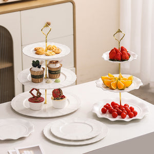 European-style embossed ceramic double-layer serving tray - perfect for home, snacks, desserts, cakes, creative wedding decor, living room, and pastry presentation