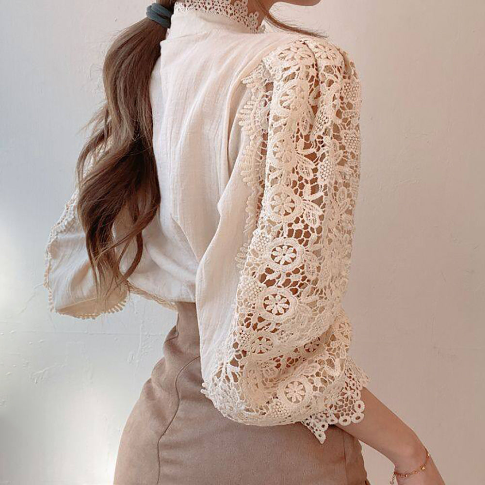 new women's lace French hollow lace long-sleeved stand-up collar cotton versatile women's shirt