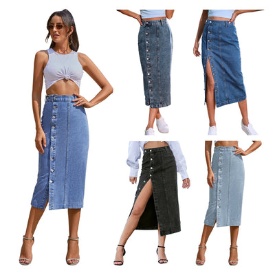 In-stock - 30291# cross-border women's fashion european & american ins asymmetrical slit high-waisted denim midi skirt