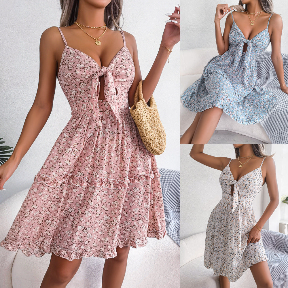 Spring and summer floral bow V-neck fungus edge pendulum dress vacation suspender skirt,   women's clothing