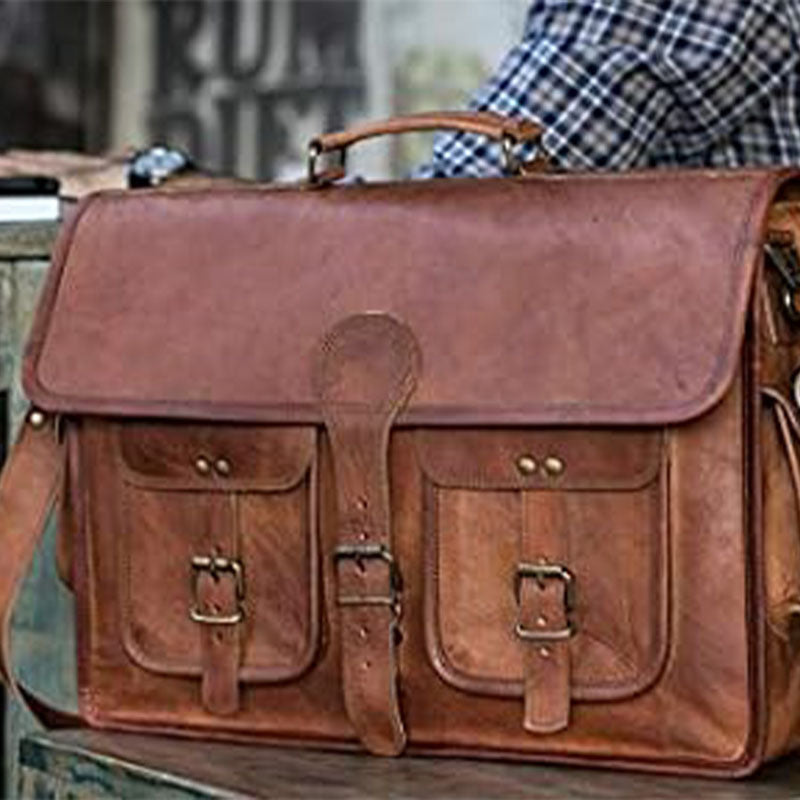 Business casual leather briefcase horizontal unisex bag first layer cowhide handbag retro trend shoulder bag