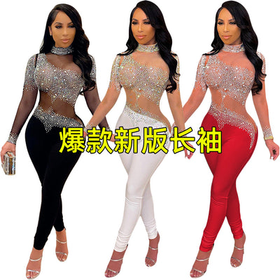 S390220 cross-border fashion sexy mesh see-through rhinestone embellished long pants long sleeve jumpsuit women's