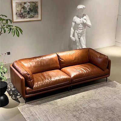 French retro oil wax leather sofa - perfect for living rooms, small spaces, and mid-century modern offices - brown american style