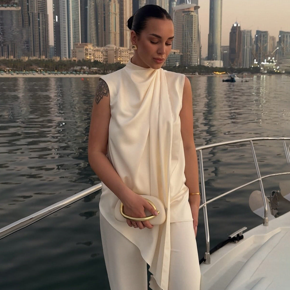 European and American  women's clothing new semi-turtleneck button-up sleeveless top design sense casual temperament irregular T-shirt women