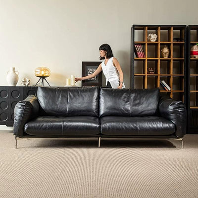 Minimalist mid-century modern genuine leather sofa for living room, small apartment, bauhaus retro style black hammer sofa, 2025 new arrival