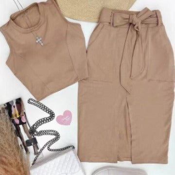 european and american elegant commute round neck sleeveless tank top mini dress with belt, pockets, and slit - two-piece set