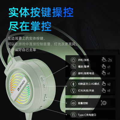 Over-ear bluetooth wireless tri-mode 2.4g gaming headset with noise cancellation and rgb lighting for mobile phones and tablets