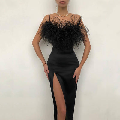 cross-border new spring/summer european and american style women's camisole feather dress - banquet, slim-fit, elegant, figure-flattering, sleeveless evening gown