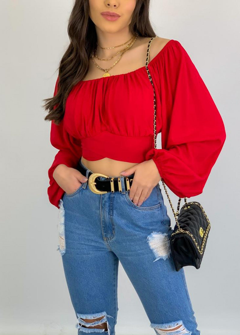 Spot European and American  tops women's solid color open-button lantern sleeves one-word collar sexy lace-up women's bubble sleeve shirt