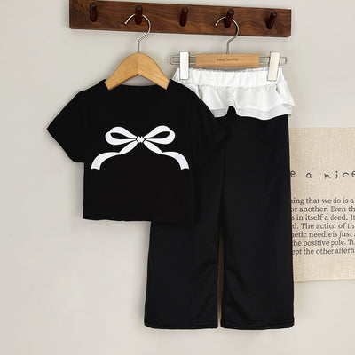 new stylish kids' short-sleeve bow print top and ballet lace pants korean style summer two-piece set