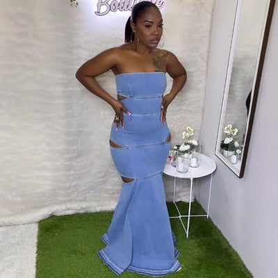 European and american style women's denim bandeau dress - cross-border fashion sexy stretch ruffle mermaid skirt