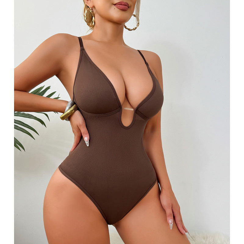 Spot  hot-selling explosion deep V-neck sexy waist plastic waist open T-shaped onesie women