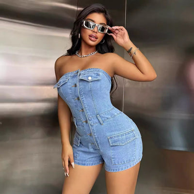84#-65397# fashionexport women's casual work clothing slim slimming look one-piece denim jumpsuit